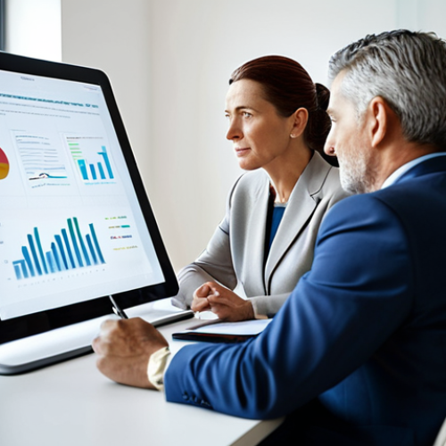 A professional business coach, a mature woman, in a modest business suit, collaborating with a male business owner, also in professional dress. They are seated at a sleek modern desk in a well-lit, minimalist office space, intently reviewing a digital strategy roadmap on a large tablet. The scene conveys focused discussion and strategic planning. The atmosphere is collaborative and forward-thinking. Perfect anatomy, correct proportions, natural pose, well-formed hands, proper finger count, natural body proportions. Professional photography, high resolution, soft diffused lighting. Safe for work, appropriate content, fully clothed, professional.