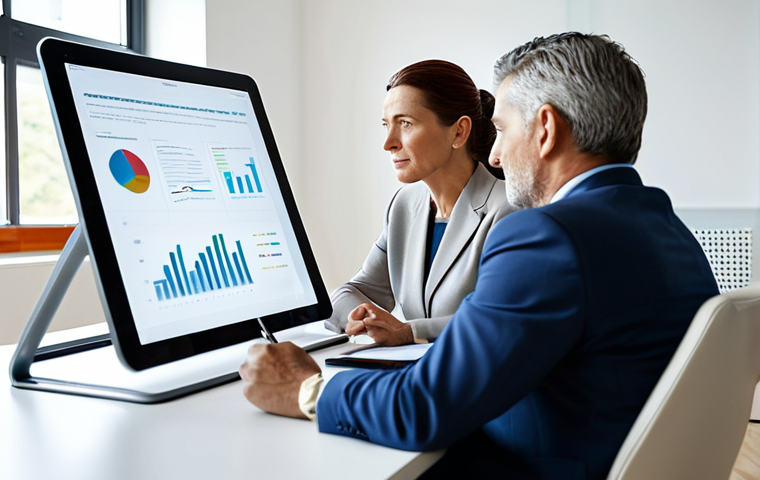 A professional business coach, a mature woman, in a modest business suit, collaborating with a male business owner, also in professional dress. They are seated at a sleek modern desk in a well-lit, minimalist office space, intently reviewing a digital strategy roadmap on a large tablet. The scene conveys focused discussion and strategic planning. The atmosphere is collaborative and forward-thinking. Perfect anatomy, correct proportions, natural pose, well-formed hands, proper finger count, natural body proportions. Professional photography, high resolution, soft diffused lighting. Safe for work, appropriate content, fully clothed, professional.