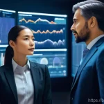 Home 12 비즈니스 코칭의 ROI 측정 - A diverse group of business leaders, both men and women, in a sophisticated, AI-integrated office. T...