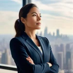 Home 9 비즈니스 코칭과 멘탈 관리 - A determined female CEO, in her late 30s, dressed in a sharp navy business suit, stands in a modern,...