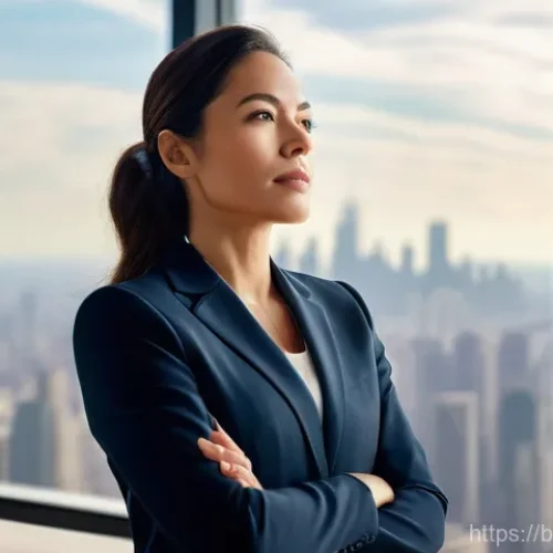 Home 21 비즈니스 코칭과 멘탈 관리 - A determined female CEO, in her late 30s, dressed in a sharp navy business suit, stands in a modern,...