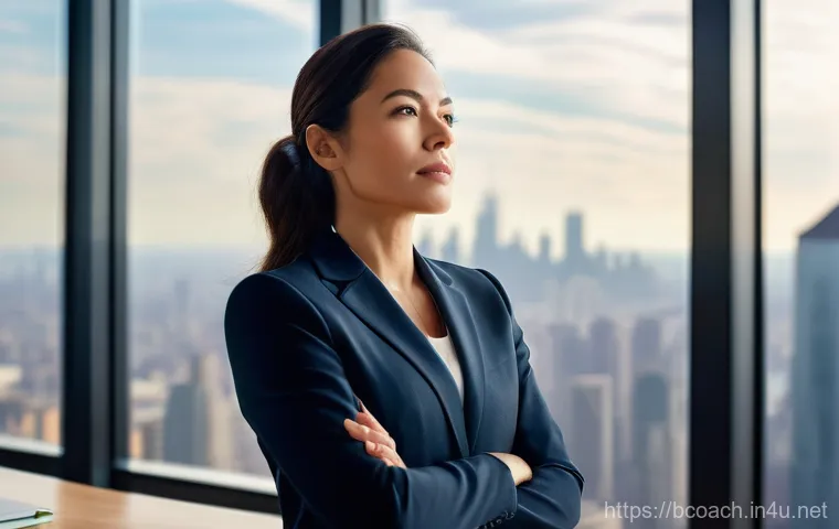 비즈니스 코칭과 멘탈 관리 - A determined female CEO, in her late 30s, dressed in a sharp navy business suit, stands in a modern,...